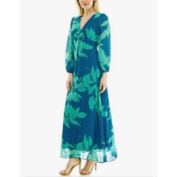 Teal & Lime Floral Chiffon Empire Waist Maxi Dress 12 Romantic Bishop Sleeve Teal & Lime Floral Chiffon Empire Waist Maxi Dress 12 Romantic Bishop Sleeve